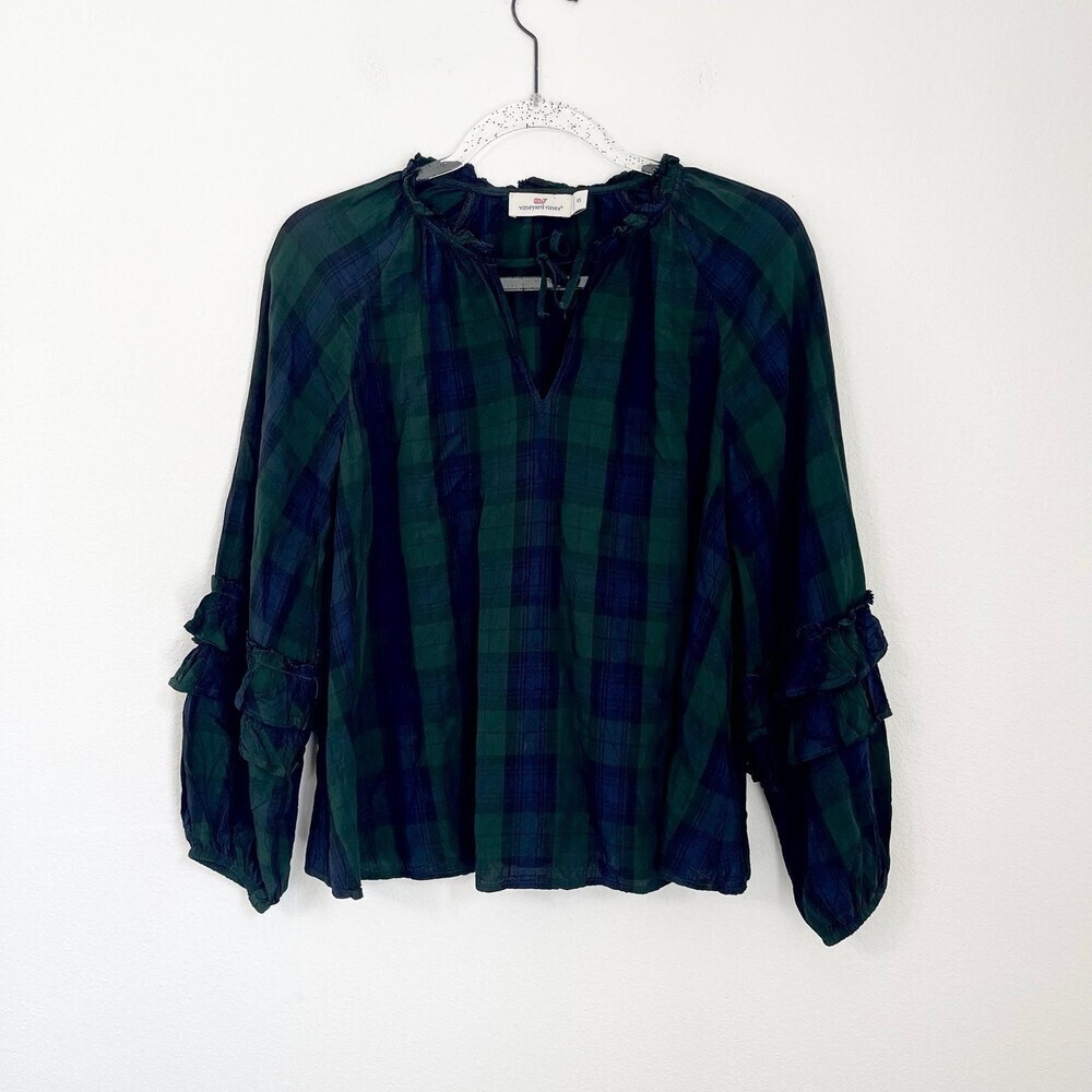 vineyard vines Blackwatch Ruffle Long Sleeve Top. Size XS